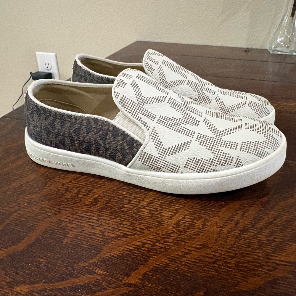 Michael Kors White and Brown Perforated MK Slip-On Sneakers